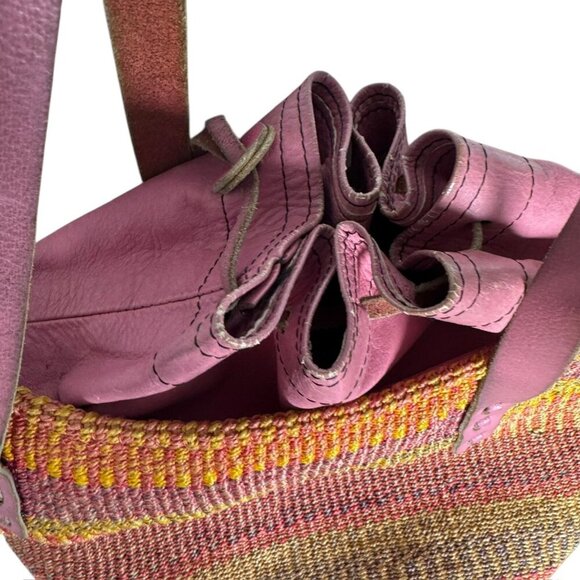 Vintage Woven Sisal Market Basket Tote Bag Leather Drawstring Closure Raffia - Picture 5 of 16